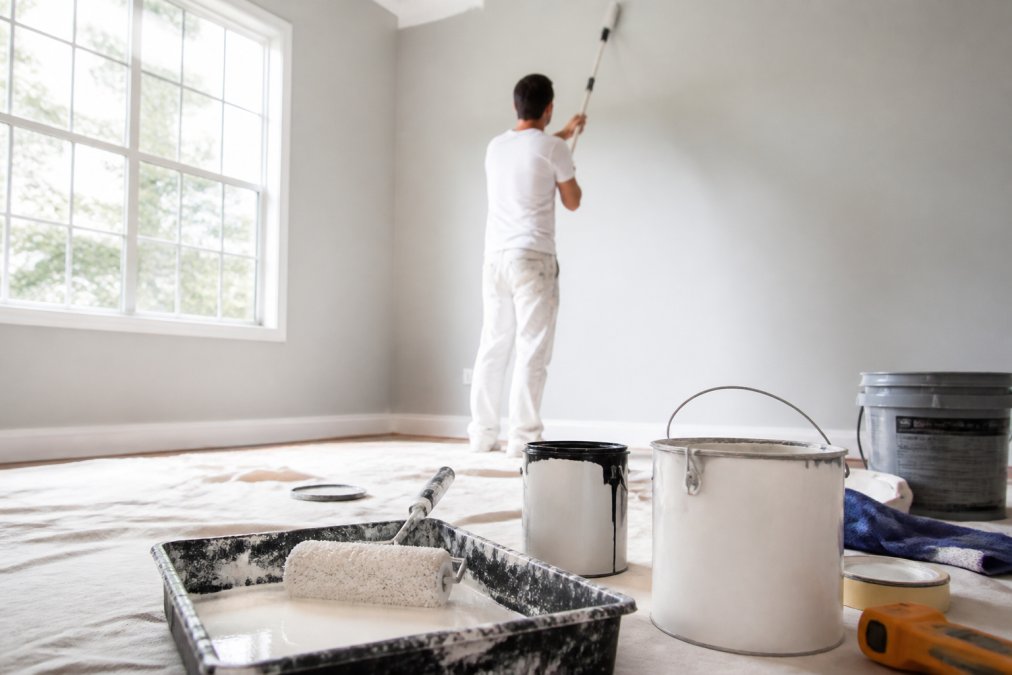 Homeowner or contractor painting interior wall with roller, bright natural light coming through window, modern paint supplies visible on drop cloth