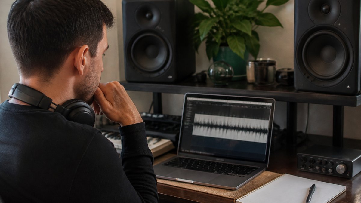 A music producer sitting at a home studio desk with studio monitors, a laptop showing an audio waveform, and headphones around their neck, focused on the screen