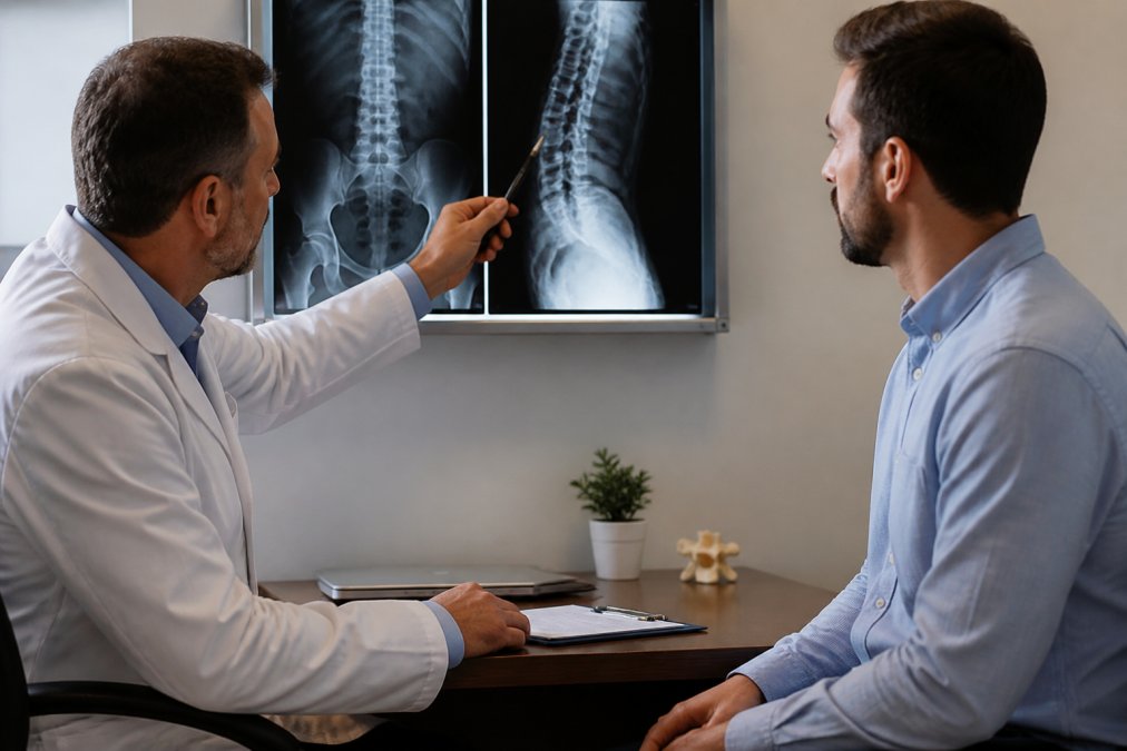A doctor in a white coat reviewing X-ray images on a screen while explaining the results to a seated patient in a bright exam room