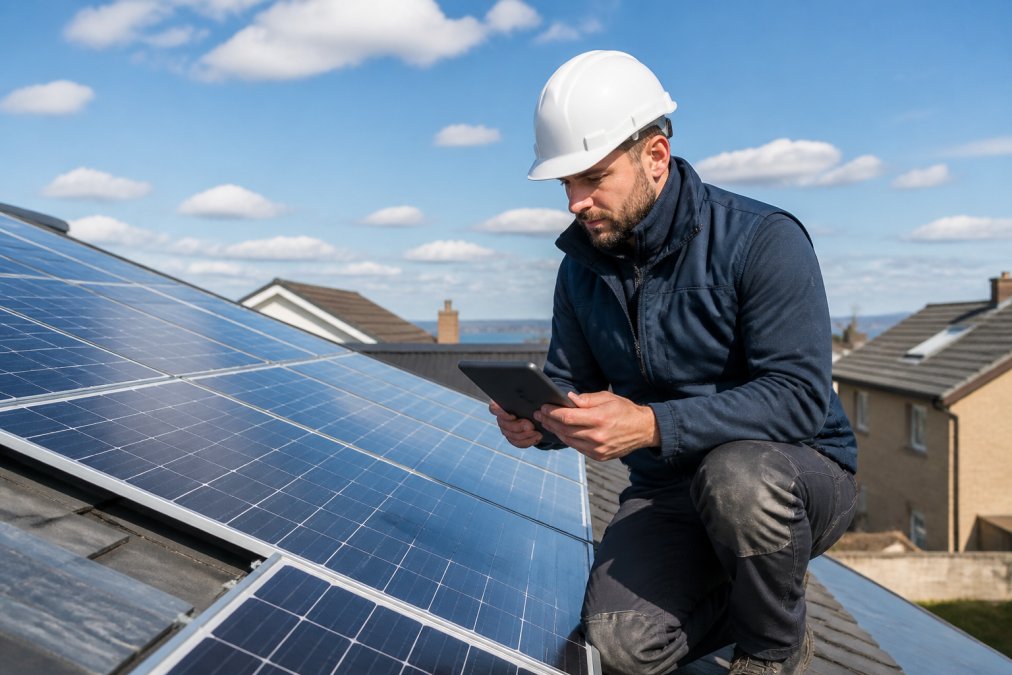 A professional solar installer in branded workwear and a hard hat inspecting solar panels on a residential rooftop, holding a tablet to review system data on a bright, clear day