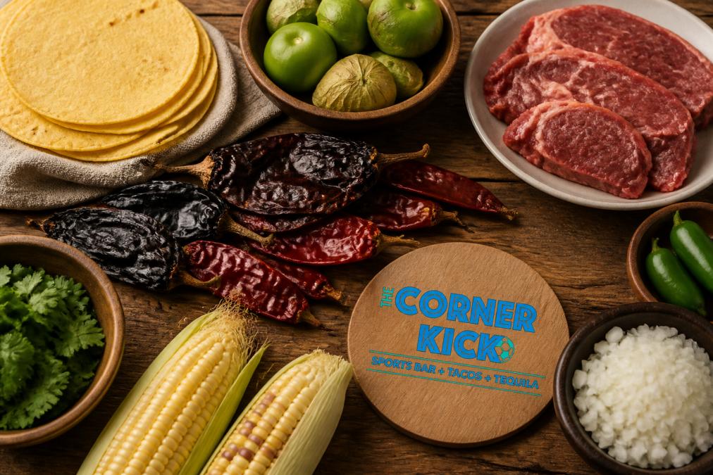 Close-up overhead shot of a rustic wooden table spread with fresh ingredients: yellow maiz tortillas, dried chiles, tomatillos, local corn, and cuts of natural meat, lit with warm natural light