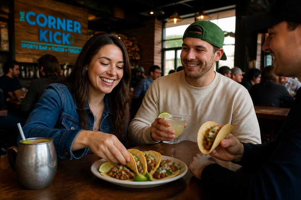 A plate of scratch-made tacos garnished with fresh salsa, cilantro, and lime wedges on a casual cantina table, with a lively restaurant atmosphere visible in the background