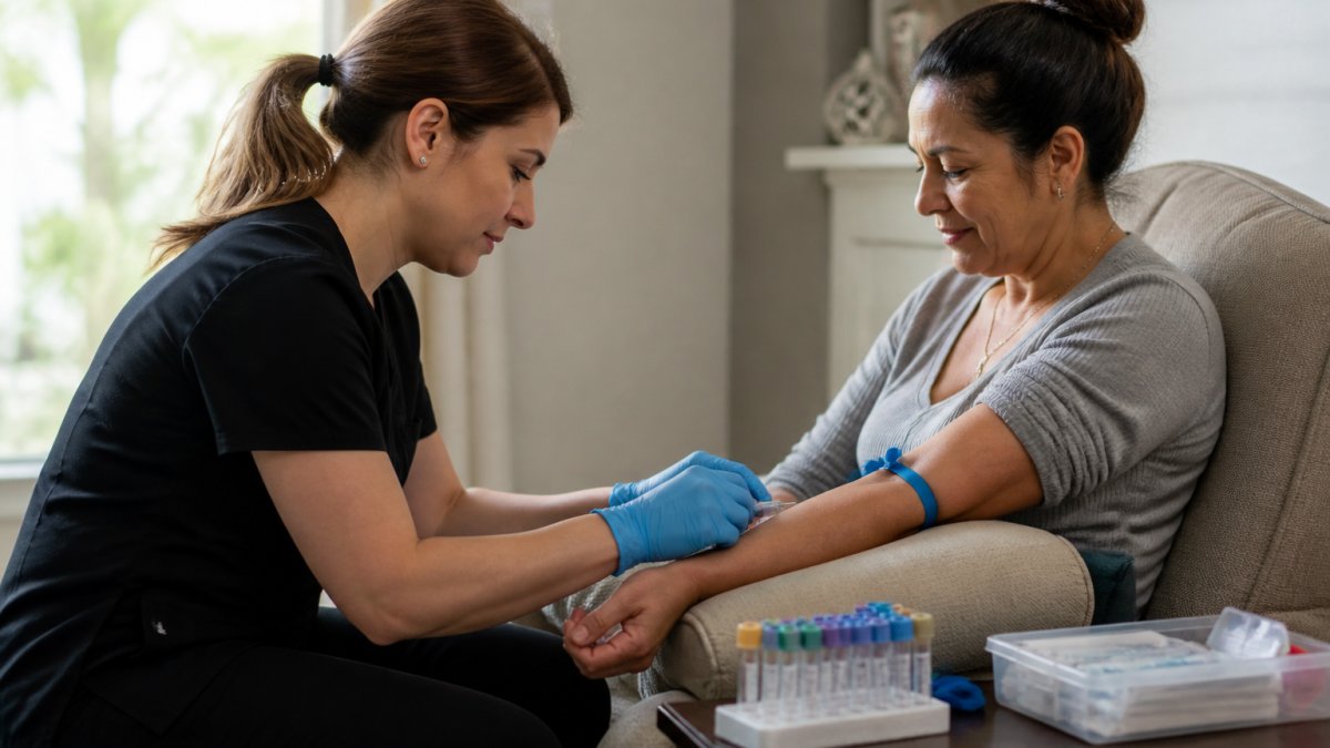 Infographic process of a phlebotomist performing mobile phlebotomy for blood collection in a home setting