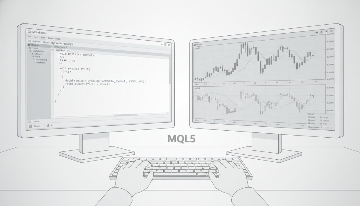 Developer's hands at a keyboard with MetaEditor IDE open on dual monitors, showing MQL5 code with syntax highlighting in the editor window, professional trading desk setup with multiple price charts visible