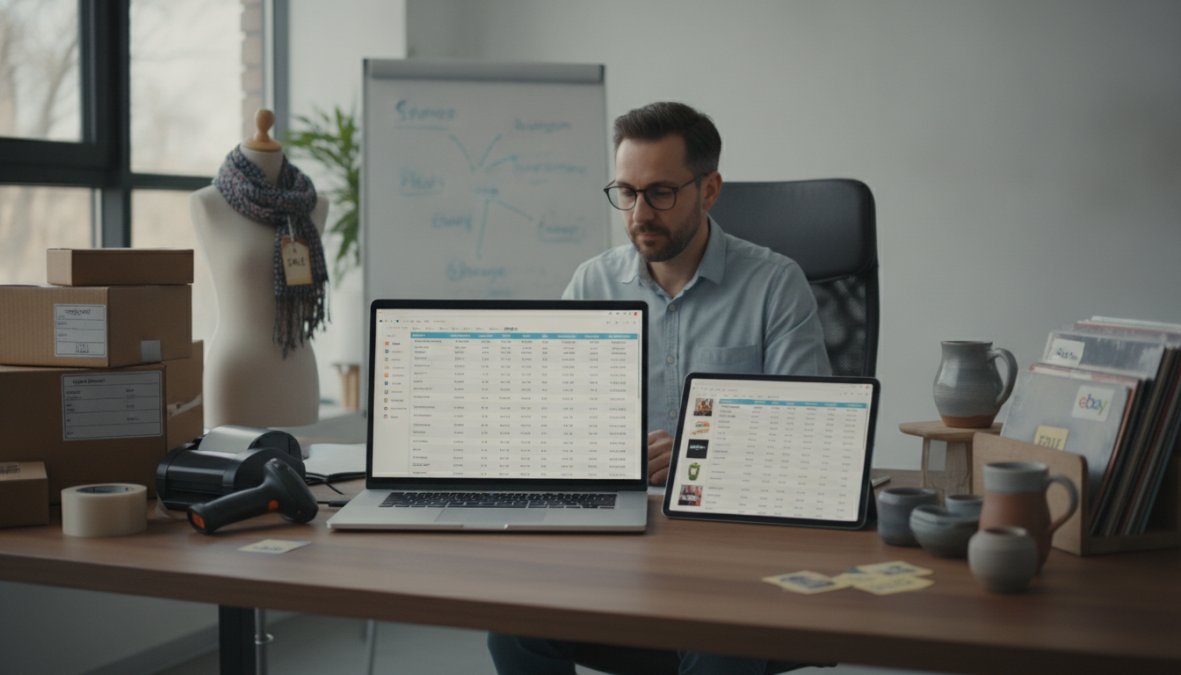 E-commerce business owner monitoring inventory levels across multiple sales channels on a laptop and tablet at a clean wooden desk, soft natural window light, modern home office setting