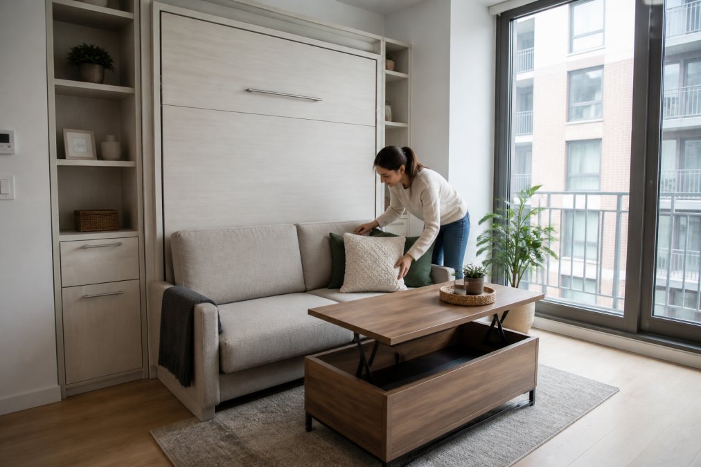 Infographic showing how multifunctional furniture like Murphy beds and lift-top tables optimize small apartments.