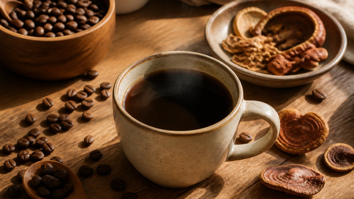 Ceramic mug of dark mushroom coffee on a wooden counter with dried mushroom slices and coffee beans nearby