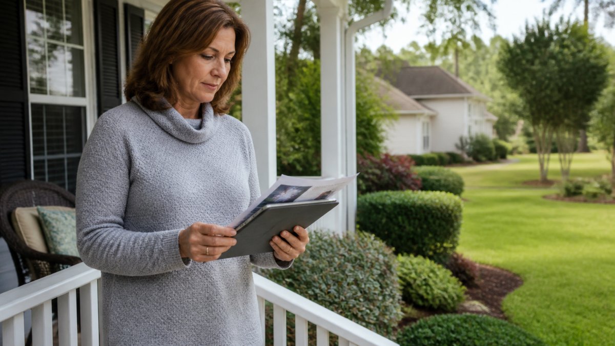 Homeowner standing on front porch of residential property, reviewing property documents and market data on tablet with natural daylight