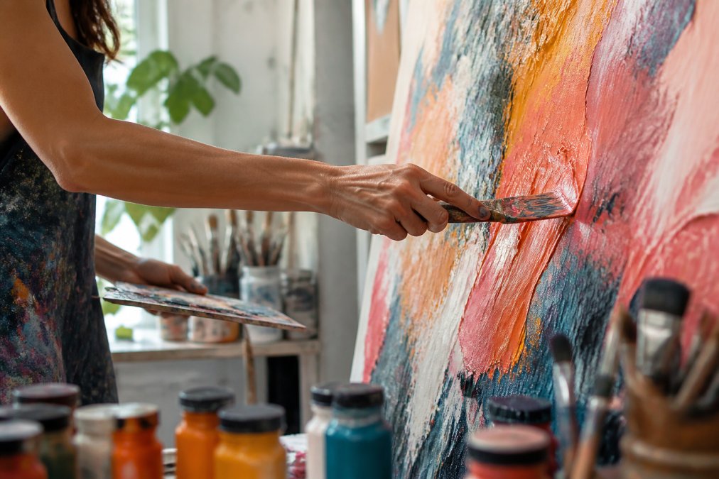 A close-up photograph of an artist's hands applying thick, colorful paint to a large canvas in a bright studio, with jars of pigment and brushes visible in the background