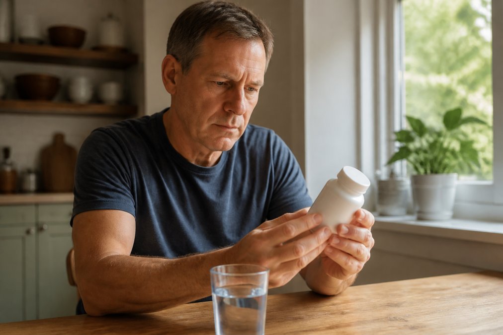 Middle-aged man reading the label of an NMN supplement bottle to check safety guidelines at a kitchen table.