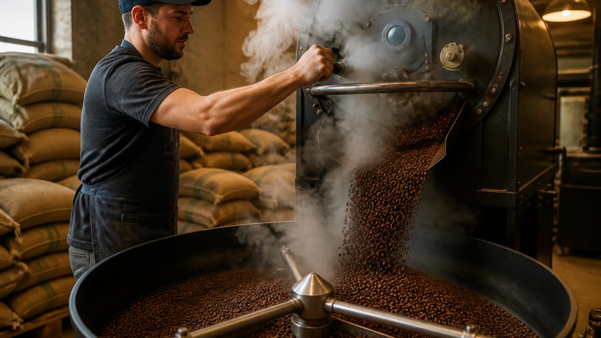 A small-batch coffee roaster in action, steam rising from freshly roasted beans as they pour into a round cooling tray, warm workshop lighting, burlap sacks of green coffee in the background