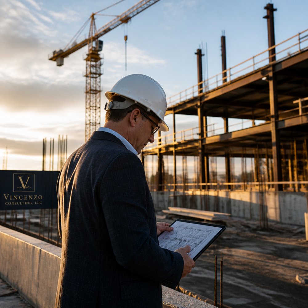 A professional owner's representative in a hard hat reviewing construction blueprints on a tablet at a commercial development site, with a tower crane and steel framework visible behind him in late afternoon light
