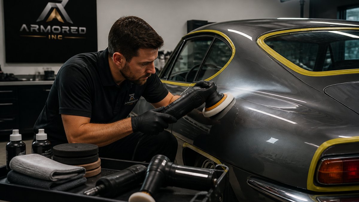 A technician in a clean detailing bay using a dual-action polisher with a foam pad on the curved rear quarter panel of a classic car, masking tape on nearby trim, and a bright inspection light showing the paint surface