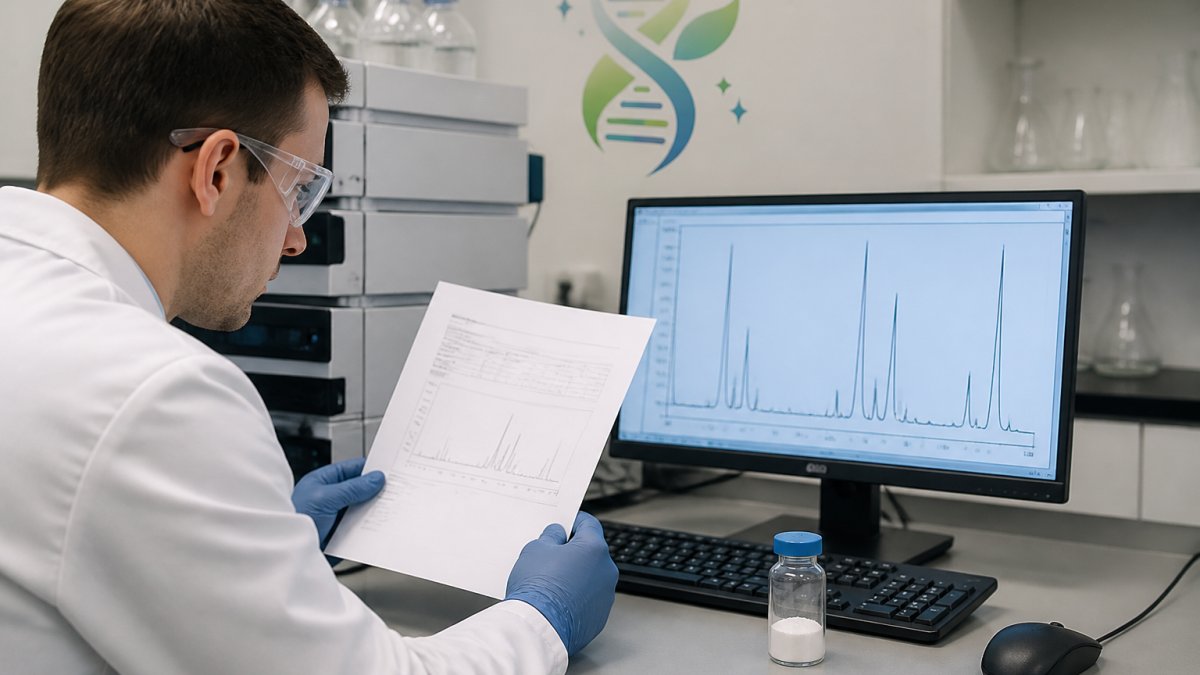 A researcher in a white lab coat comparing a printed Certificate of Analysis against HPLC data on a computer screen, with a vial of lyophilized white powder on the bench beside them under bright lab lighting