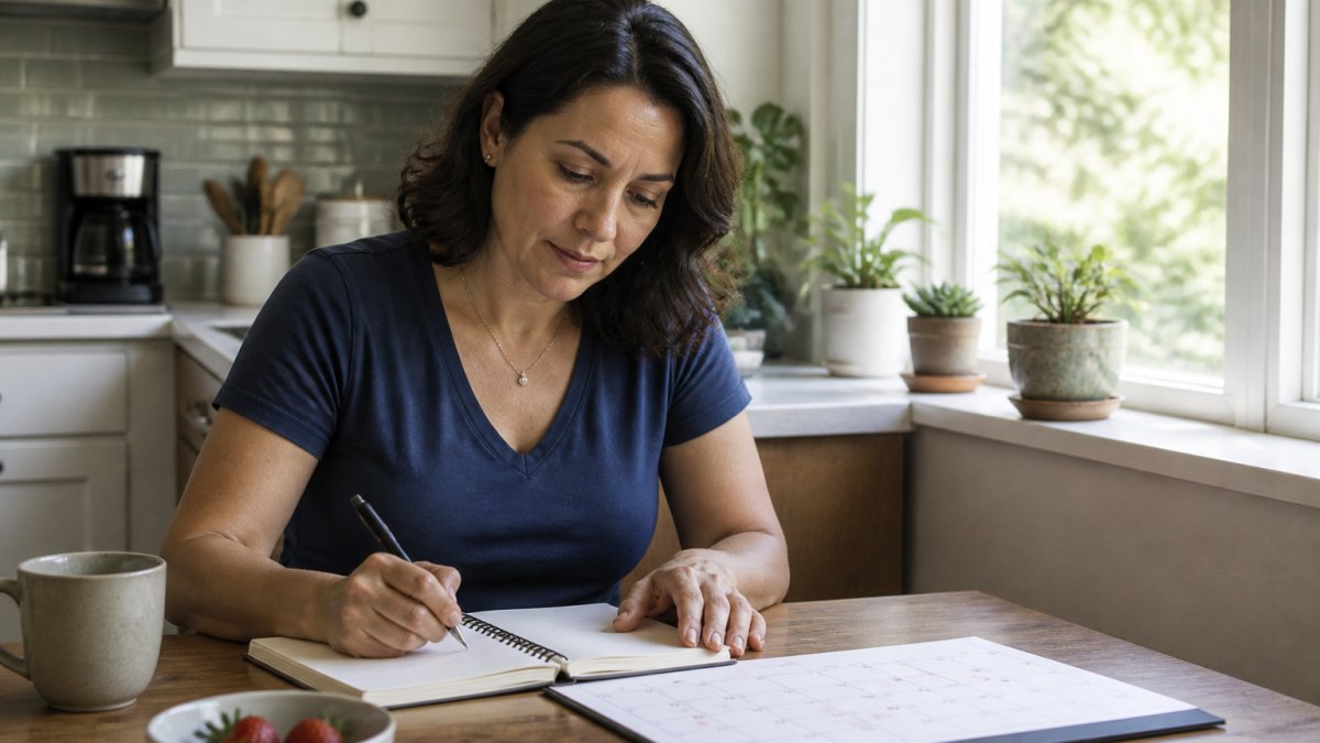 A woman in her mid-40s sitting at a kitchen table with a notebook, writing down symptoms and tracking her cycle on a calendar, soft morning light through the window