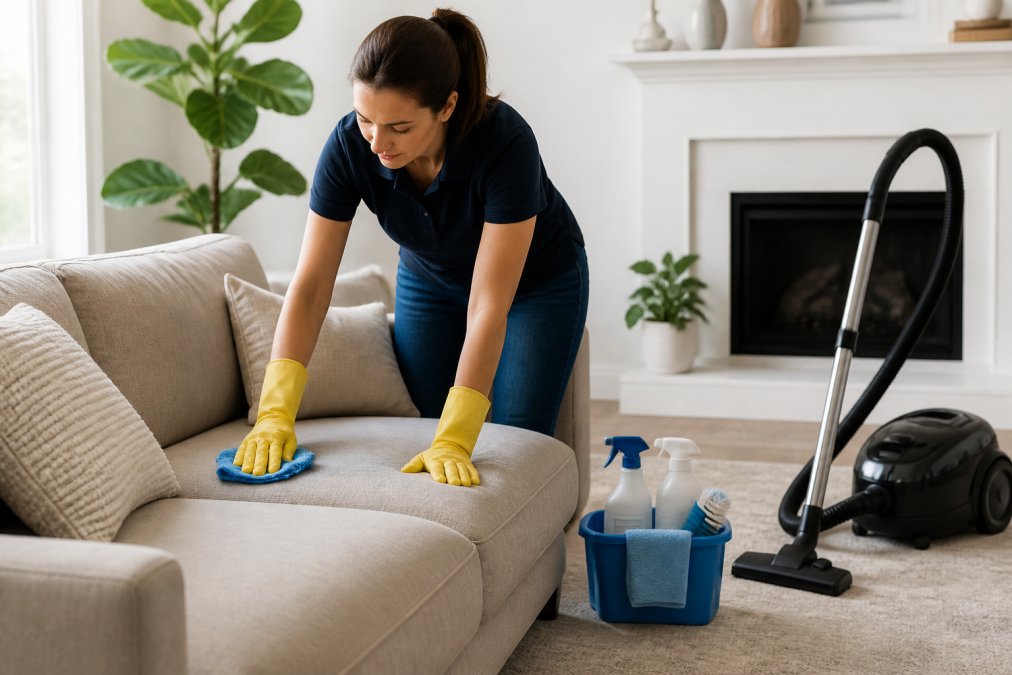 A person wearing gloves wiping down a living room sofa with a damp microfiber cloth, with a vacuum cleaner and cleaning supplies nearby in a bright, modern home