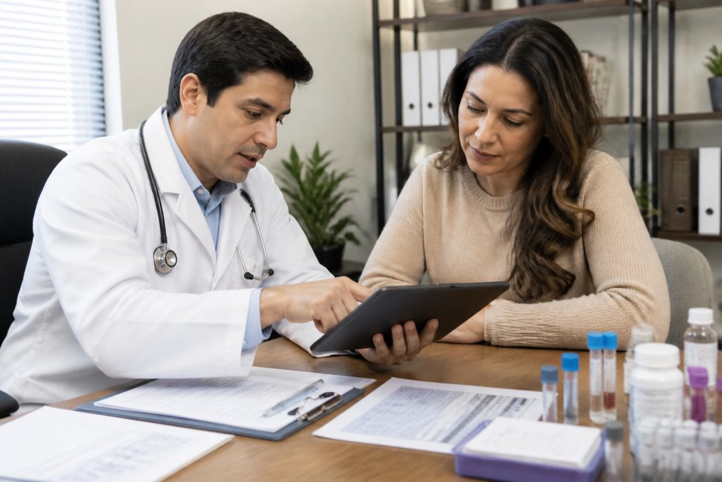 Doctor and patient reviewing a personalized physician guided weight loss plan on a tablet in a medical office
