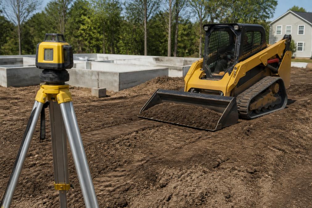 A skid steer with a grading bucket smoothing soil on a residential lot, with a laser level on a tripod in the foreground and a house foundation visible in the background