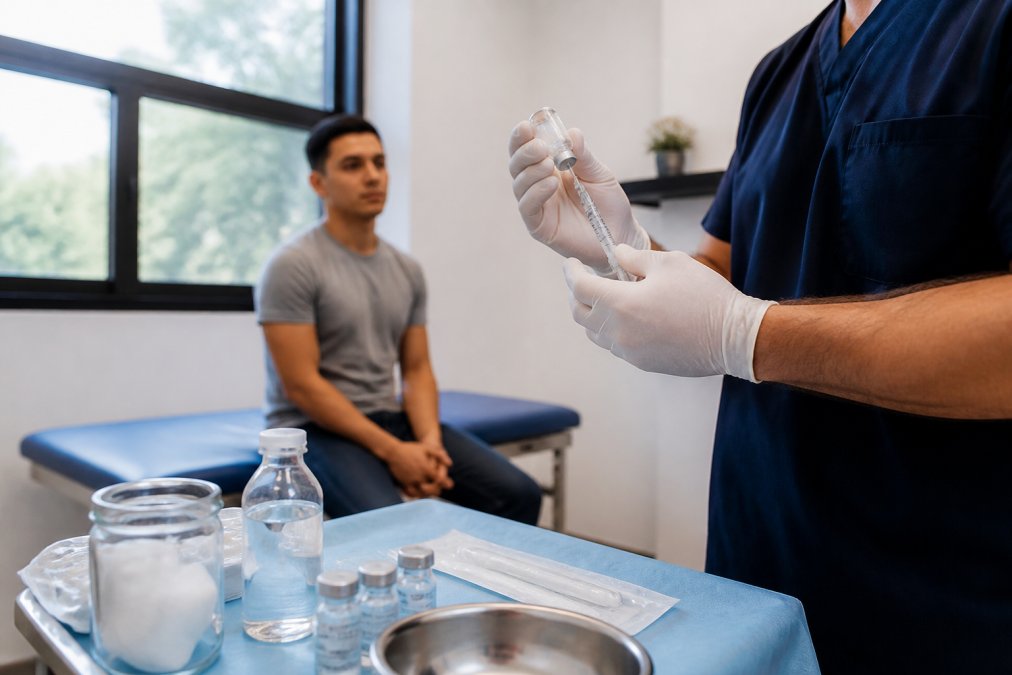 Physician preparing a syringe for prolotherapy for joint pain in a clinic