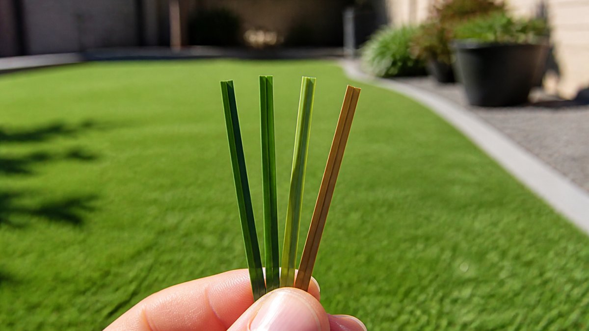 Close-up macro photograph of four distinct synthetic turf fiber strands in varying shades of green and brown, held side by side against a blurred backyard background to show the color variation within a single turf sample