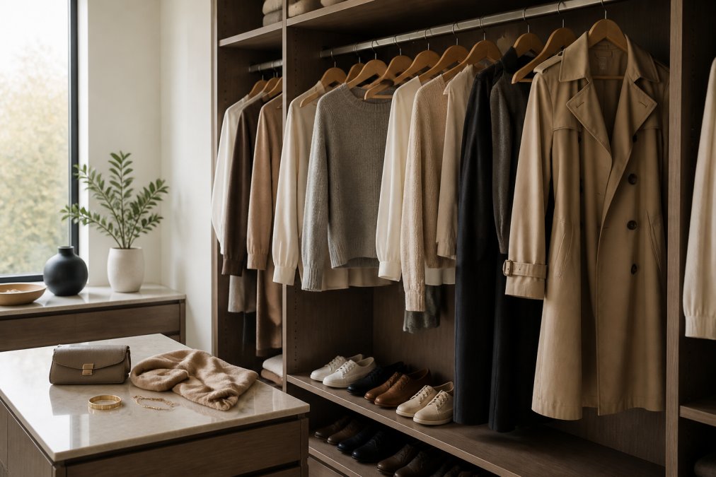 Neutral-toned clothing including cashmere and silk hanging in a quiet luxury walk-in closet with natural light.