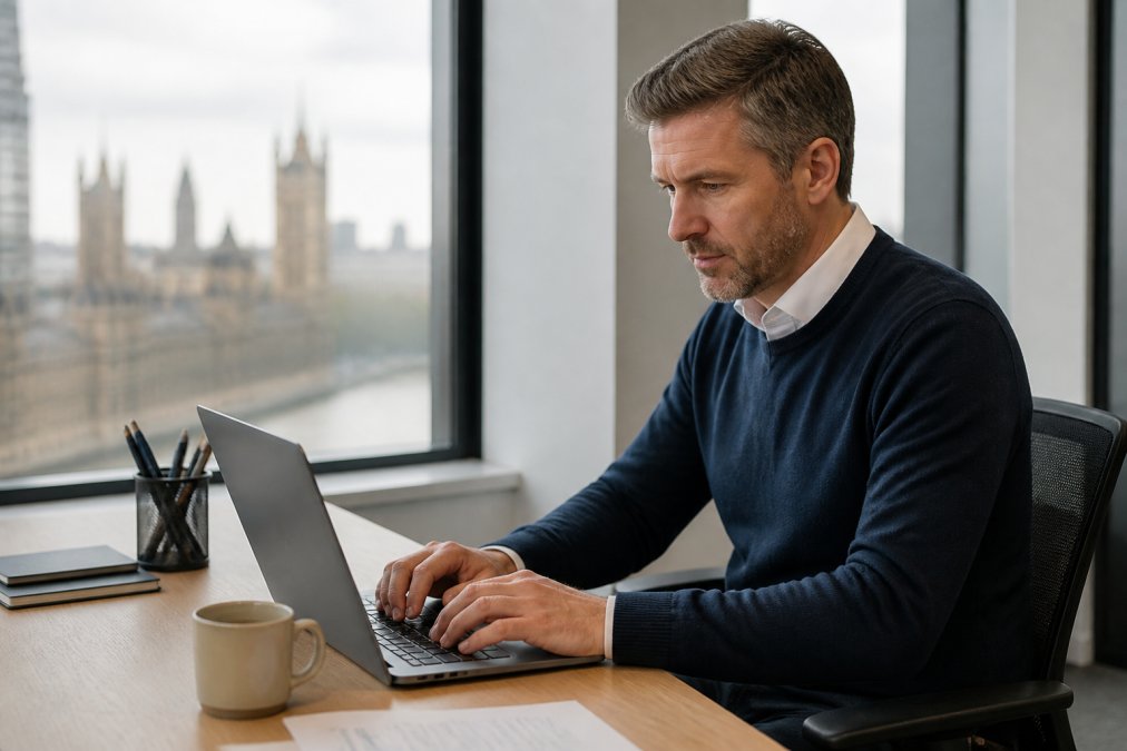 A hiring manager reviewing candidate applications on a laptop in a modern UK office, with a cup of tea on the desk and natural window light