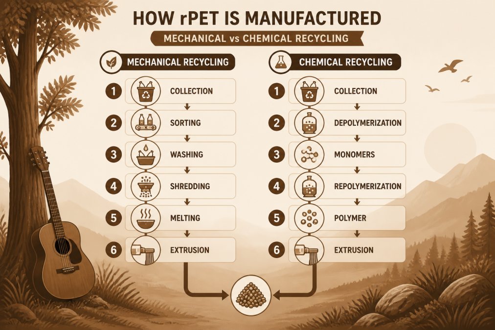 Flowchart comparing mechanical and chemical rPET recycling routes: mechanical path shows collection, sorting, washing, shredding, melting, extrusion; chemical path shows collection, depolymerization to monomers, repolymerization, extrusion