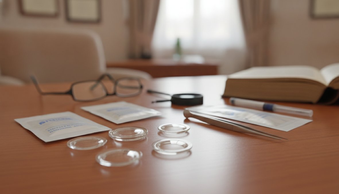 Close-up of ophthalmologist's gloved hand holding and examining different intraocular lens implants under surgical microscope lighting in operating room