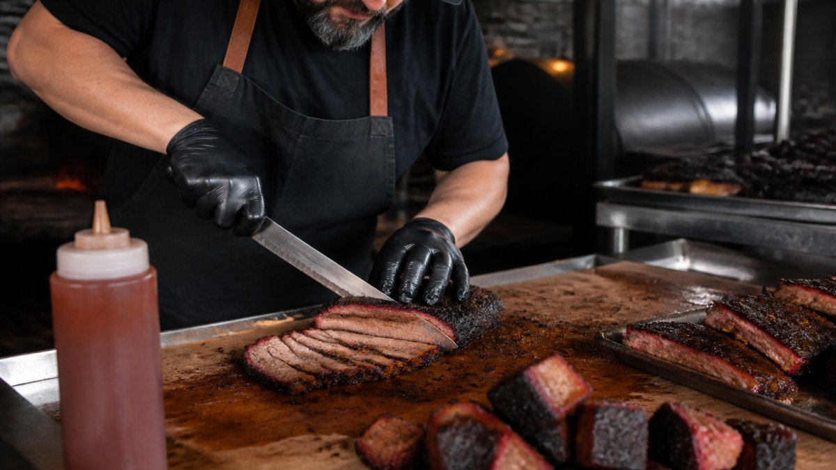 A pitmaster slicing a smoked brisket on a wooden board at a Kansas City barbecue joint, with burnt ends and ribs visible in the background and a bottle of thick tomato-based sauce on the counter