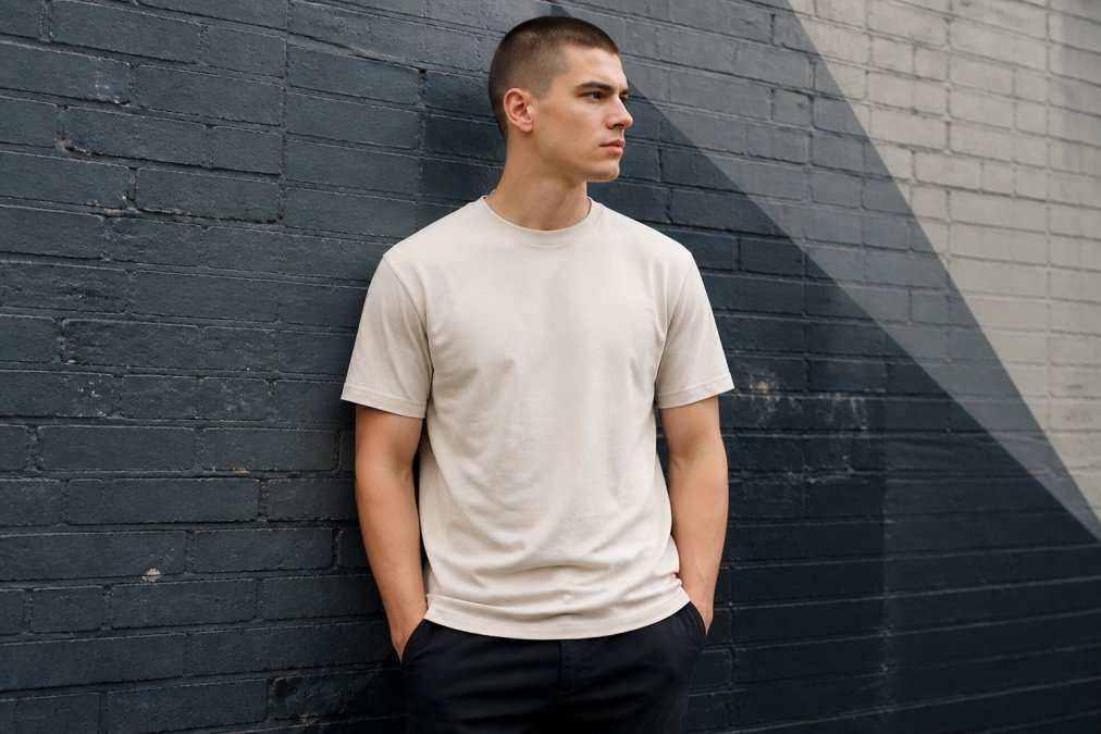 Young man wearing a regular fit t-shirt with a structured shoulder line standing against an urban brick wall