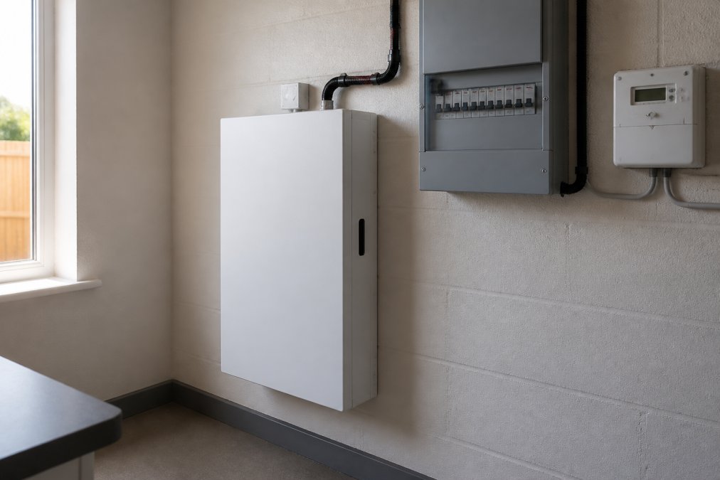 A wall-mounted white home battery unit installed in a clean utility room beside a grey consumer unit, with a smart meter on the adjacent wall and soft daylight from a side window