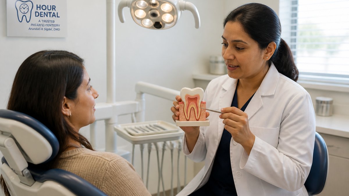 A dentist in a white coat holding a dental model and explaining tooth structure to a seated adult patient, modern treatment room with an overhead light and instrument tray in the background