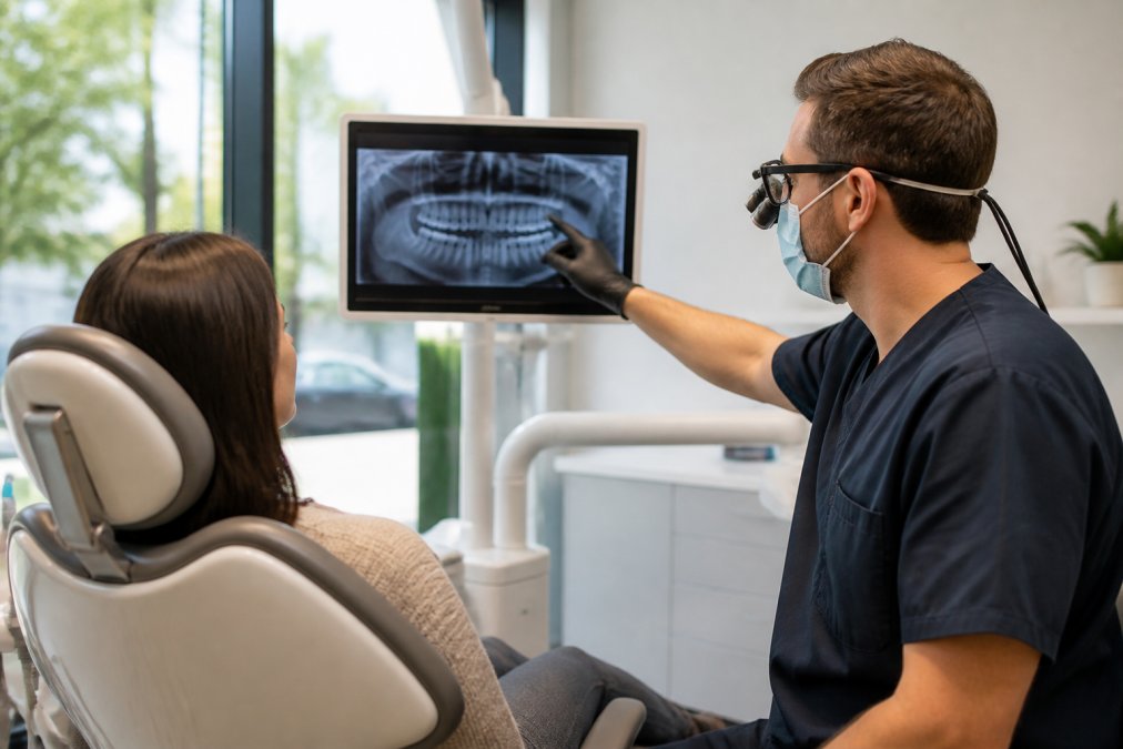 A dentist in gloves and loupes reviewing a digital dental X-ray on a chairside monitor while a patient sits comfortably in the dental chair, warm natural light in a modern clinic room