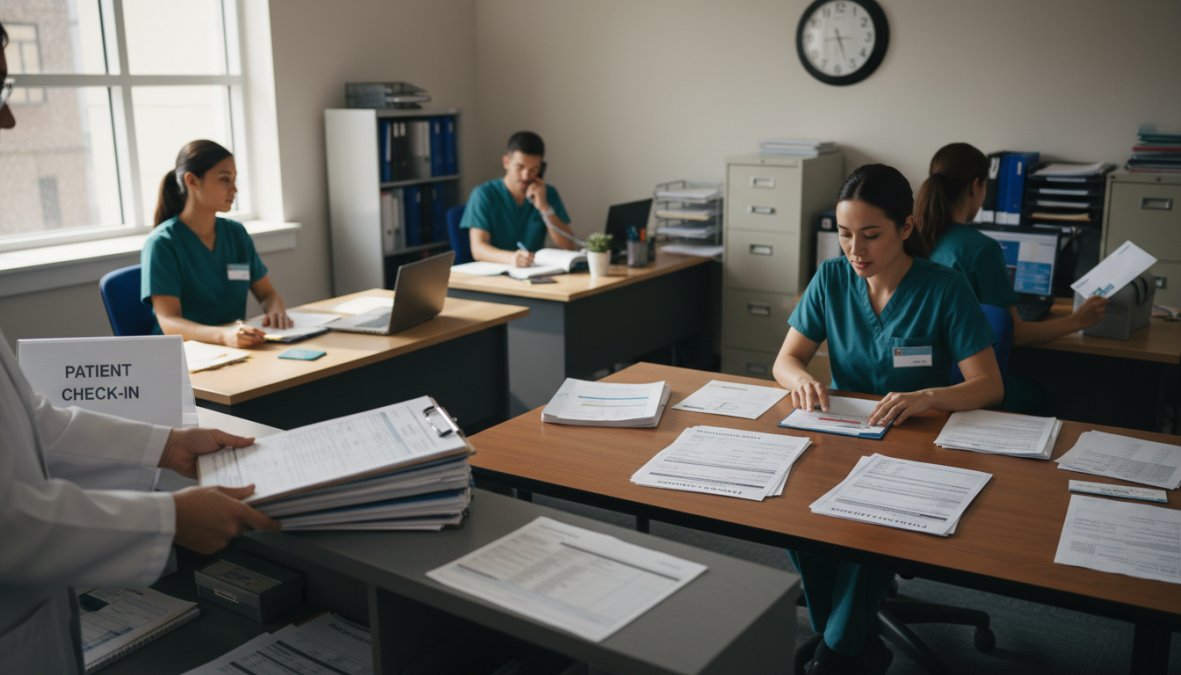 Healthcare administrative staff member reviewing patient insurance documents at a front desk with a computer screen showing eligibility verification software, in a clean modern clinic setting with professional overhead lighting