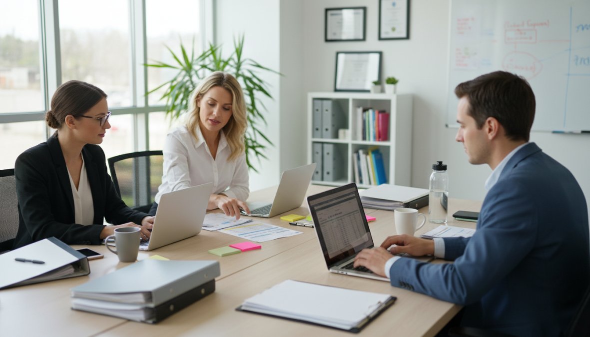 Small team of medical billing professionals collaborating around a conference table with open laptops and printed billing reports, in a well-lit healthcare office with large windows, engaged in active discussion