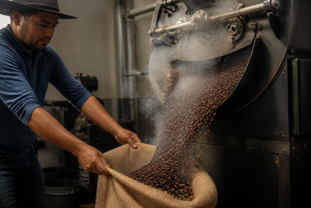 A roaster pouring freshly roasted coffee beans from the cooling tray into a burlap bag in a small coffee roastery, with visible chaff and steam rising off the beans