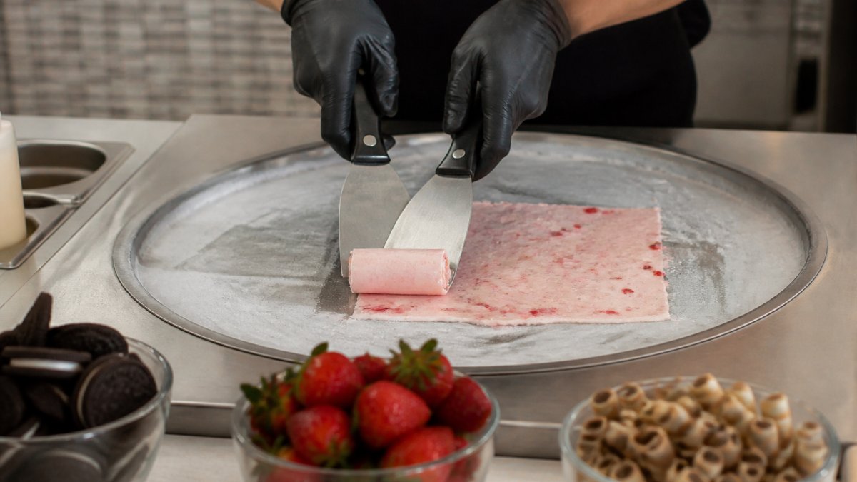 Close-up of hands using metal scrapers to roll frozen ice cream on a cold metal plate, with fresh strawberries and cookies visible nearby