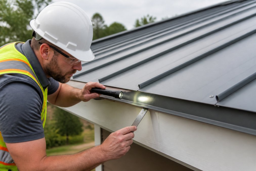 Experienced roofer performing a detailed visual inspection of a completed metal roof eave hem, checking the 180-degree fold and sealing with a flashlight and measuring tool in natural daylight