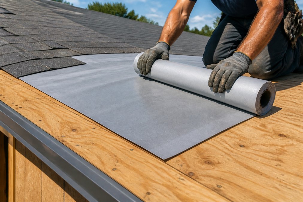 Contractor unrolling synthetic roof underlayment across a plywood deck on a sunny day