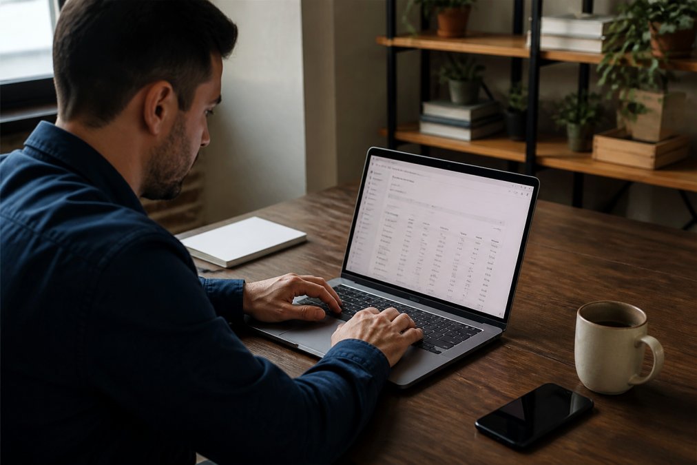 Small business owner using SEO platform on laptop, reviewing keyword rankings and content performance metrics in modern workspace