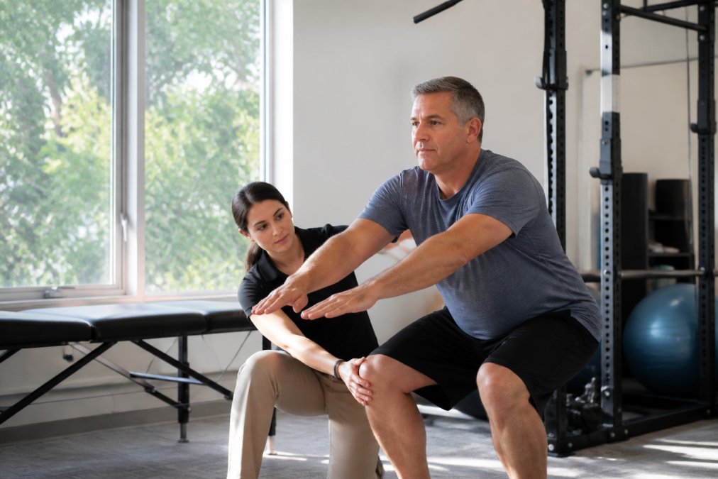 A physical therapist in a bright, modern clinic guiding a middle-aged patient through a standing movement assessment, observing posture and movement patterns with natural window lighting