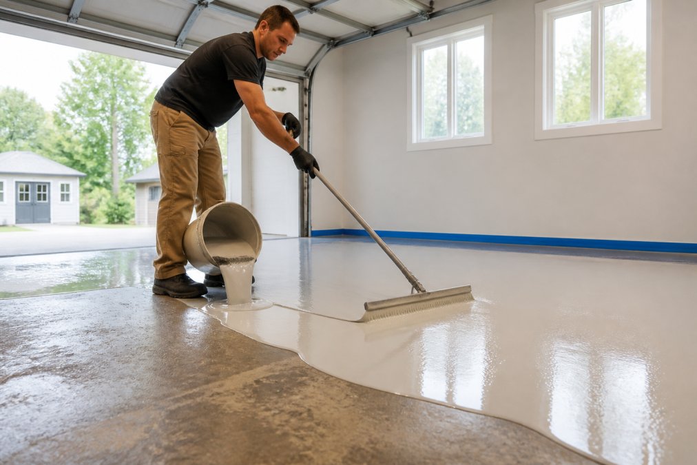 A professional installer in work boots pouring a glossy, light-colored self-leveling epoxy onto a prepared concrete floor in a residential garage, using a gauge rake to spread it evenly