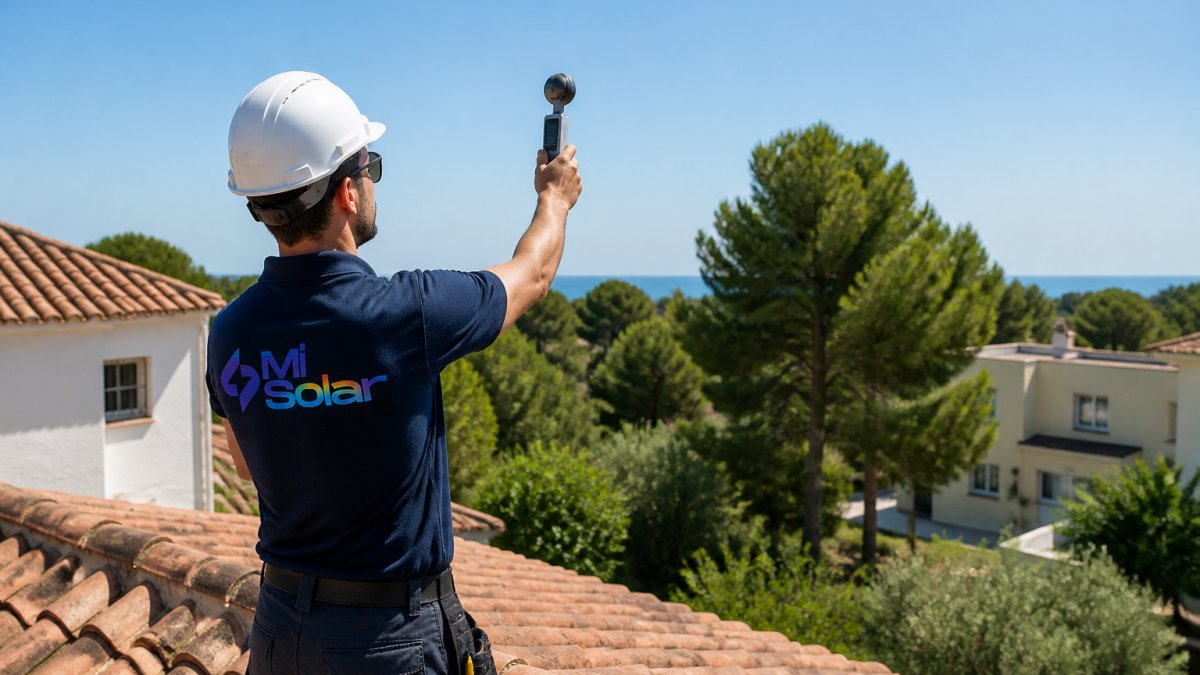 A solar technician on a tiled villa roof holding a handheld shade-measuring device toward the sun, with trees and a neighbouring building visible in the background under bright Mediterranean light
