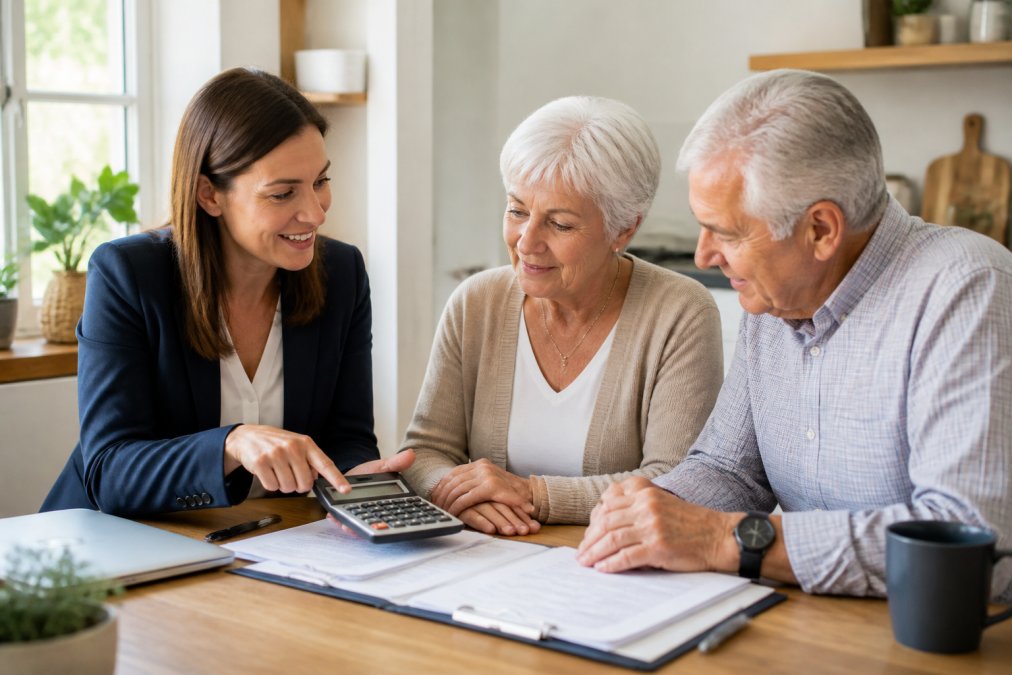 Insurance agent reviewing share of cost Medi-Cal documents with an older couple in a bright, warm office.
