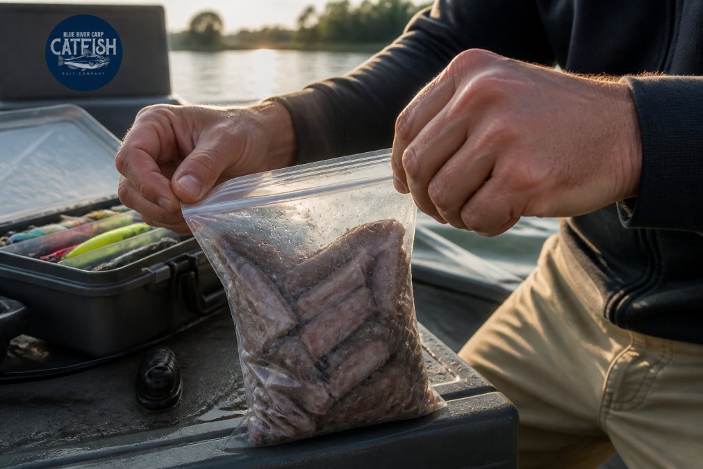 Close-up of an angler's hands opening a resealable bag of preserved cut bait on a boat deck, tackle box visible in background, morning light on the water