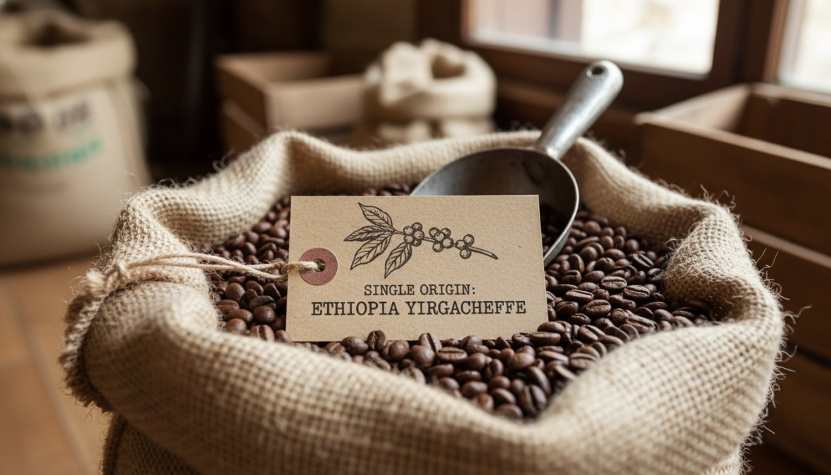 Close-up of freshly roasted single origin coffee beans spilling from a kraft paper bag onto a wooden surface, with a small origin label card visible nearby