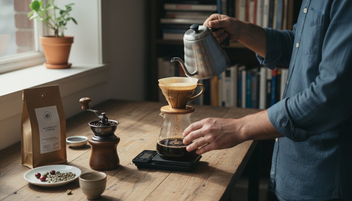 Hands carefully pouring hot water from a gooseneck kettle over a pour-over coffee dripper placed on a glass carafe, with whole bean coffee and a grinder visible in the background on a clean kitchen counter