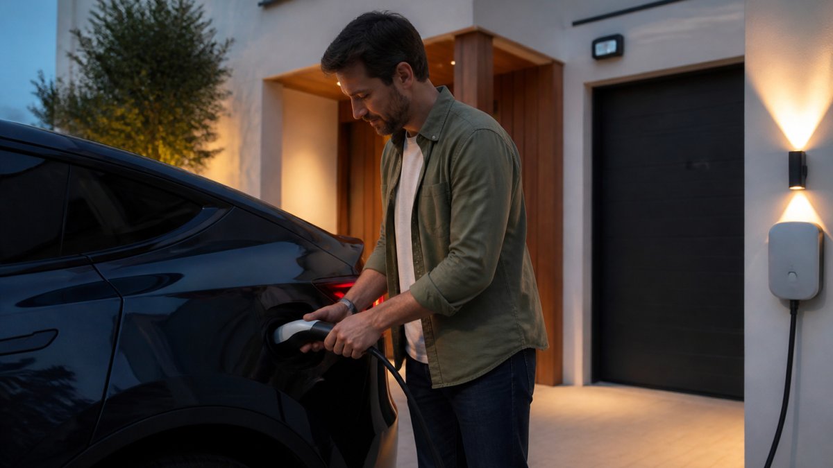 A homeowner plugging a charging cable into an electric vehicle parked on a driveway outside a modern house, with a wall-mounted charging unit visible in the background in soft evening light
