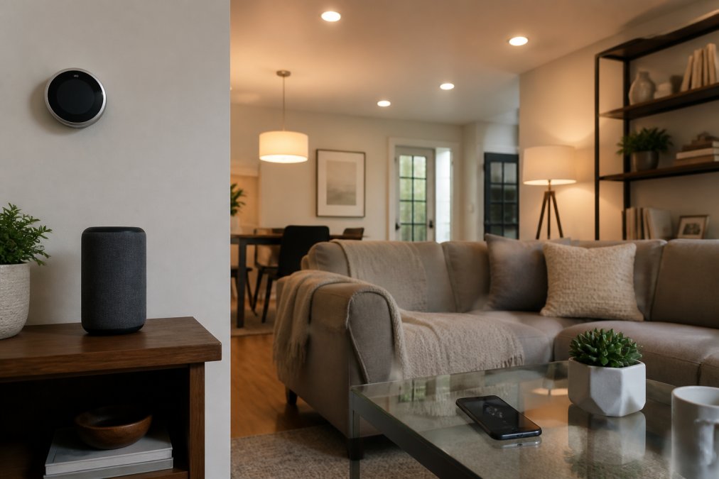 Modern living room interior with visible smart home devices including a smart speaker on a wooden shelf, smartphone displaying a home automation app on a glass coffee table, a digital thermostat mounted on the wall, and smart lighting fixtures illuminated in warm tones