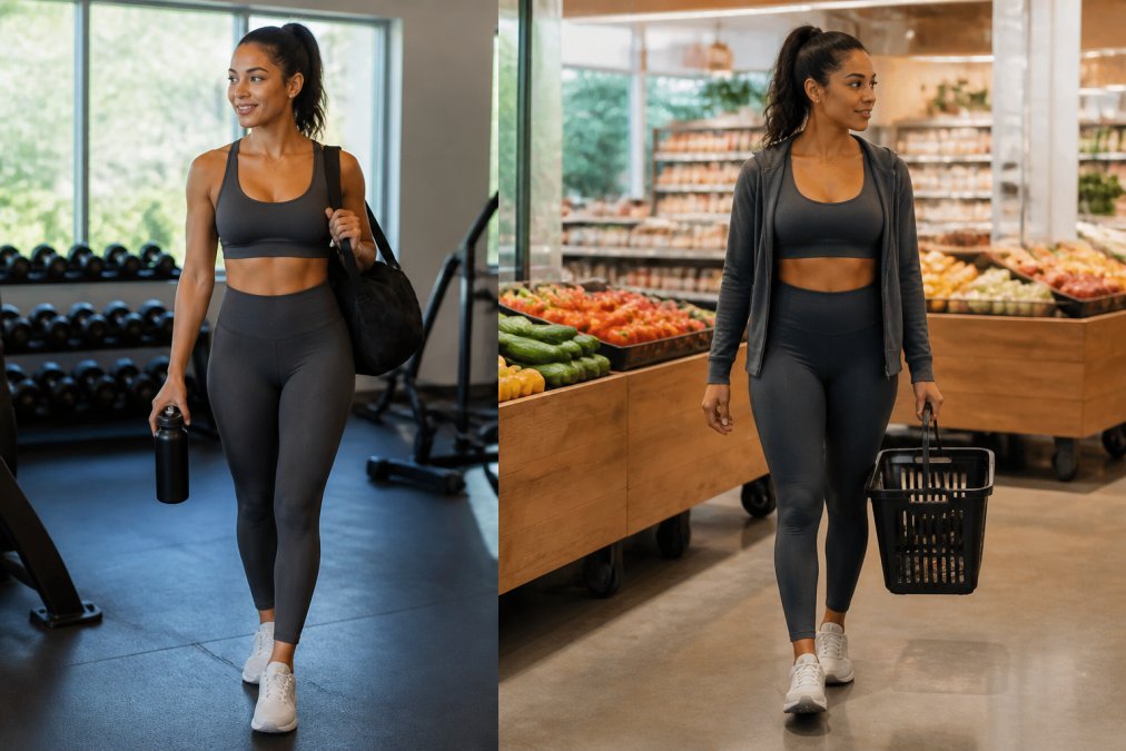 Woman in soft sculpting compression leggings moving confidently through her day, transitioning from gym to casual errands, wearing fitted activewear with smooth silhouette